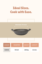 Cast Iron Flat Bottom Kadai 25.5cm / 10 inch (2.2 ltrs), Pre-seasoned, Naturally Nonstick, 100% Pure, Toxin-free, Gas & Induction