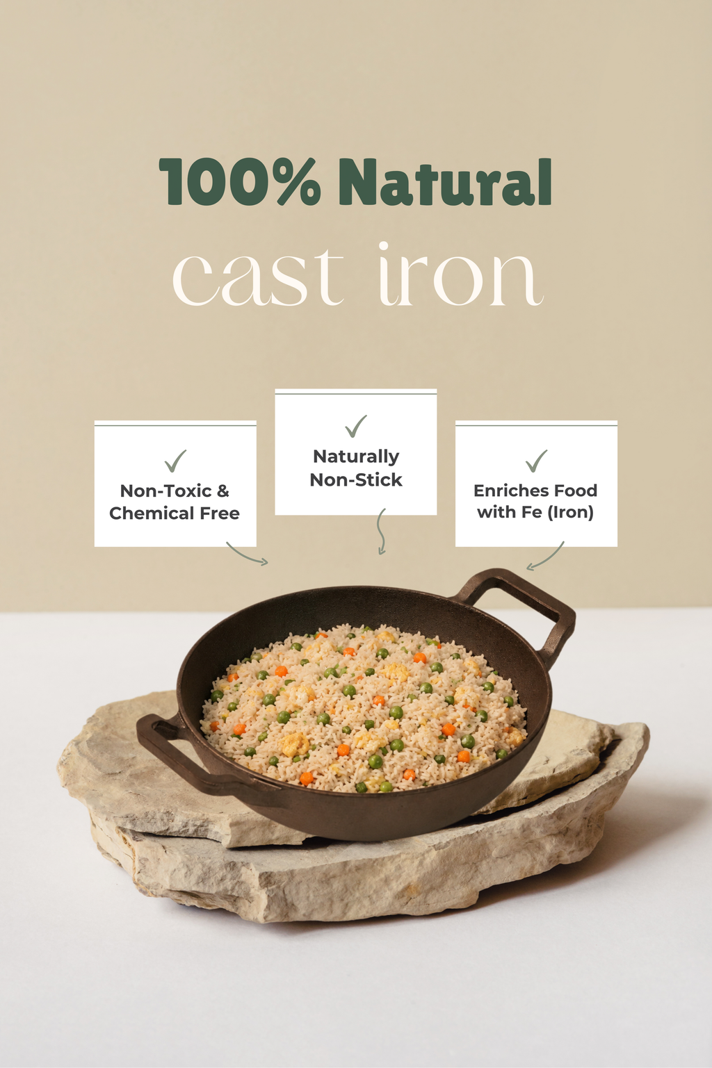Cast Iron Flat Bottom Kadai 20.5cm / 8 inch (1.4 ltrs), Pre-seasoned, Naturally Nonstick, 100% Pure, Toxin-free, Gas & Induction