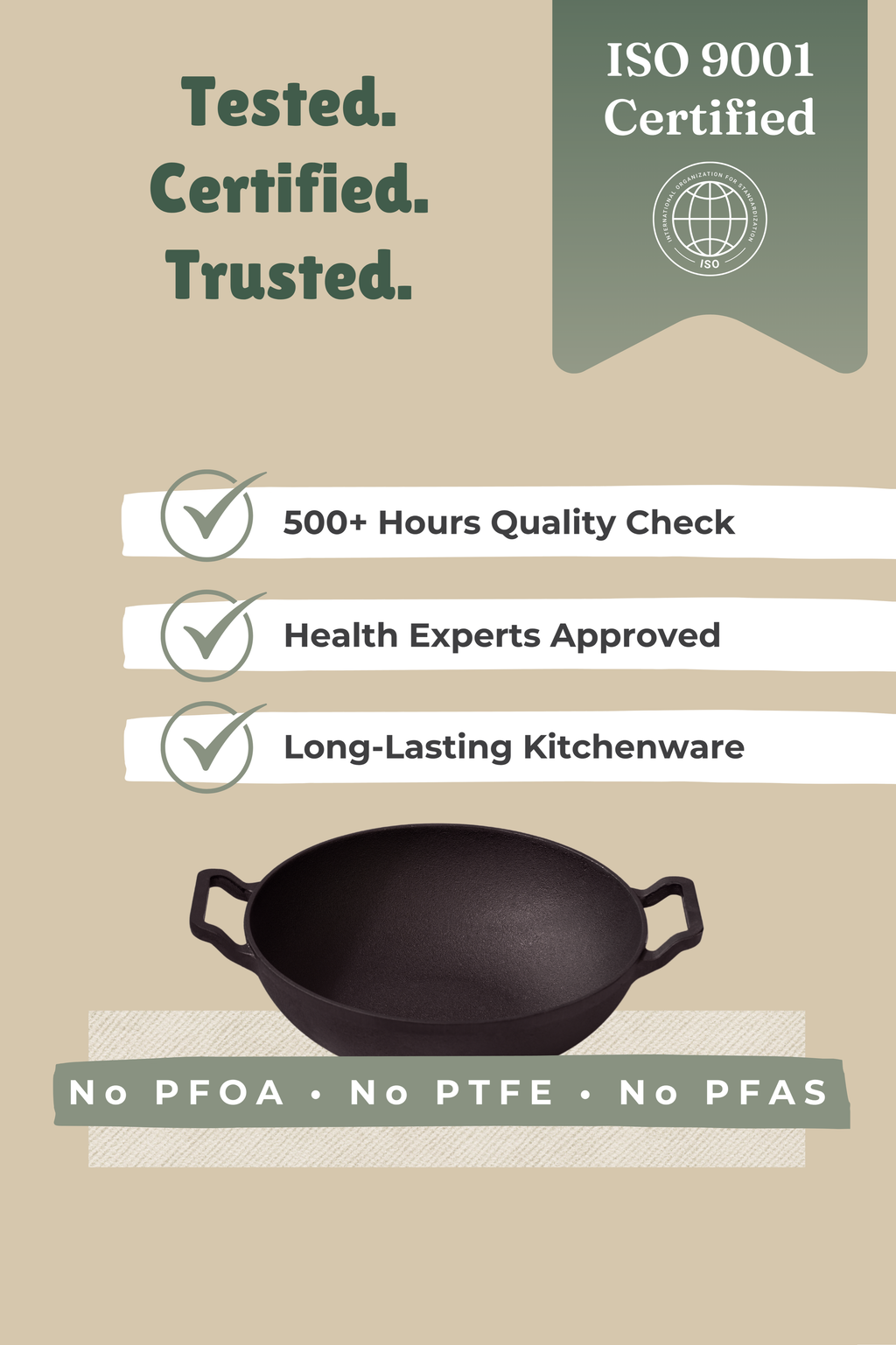 Cast Iron Flat Bottom Kadai 20.5cm / 8 inch (1.4 ltrs), Pre-seasoned, Naturally Nonstick, 100% Pure, Toxin-free, Gas & Induction