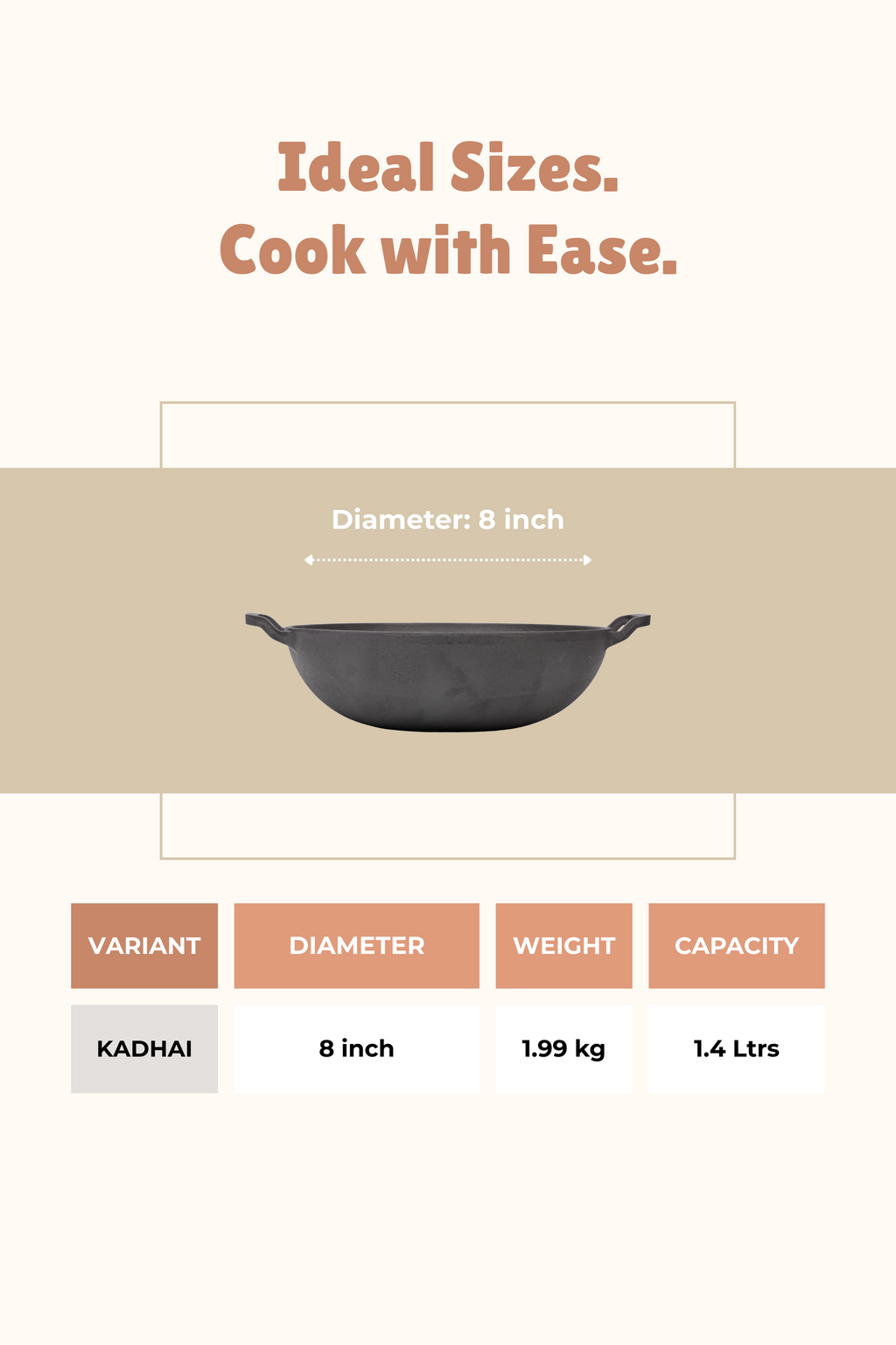 Cast Iron Flat Bottom Kadai 20.5cm / 8 inch (1.4 ltrs), Pre-seasoned, Naturally Nonstick, 100% Pure, Toxin-free, Gas & Induction