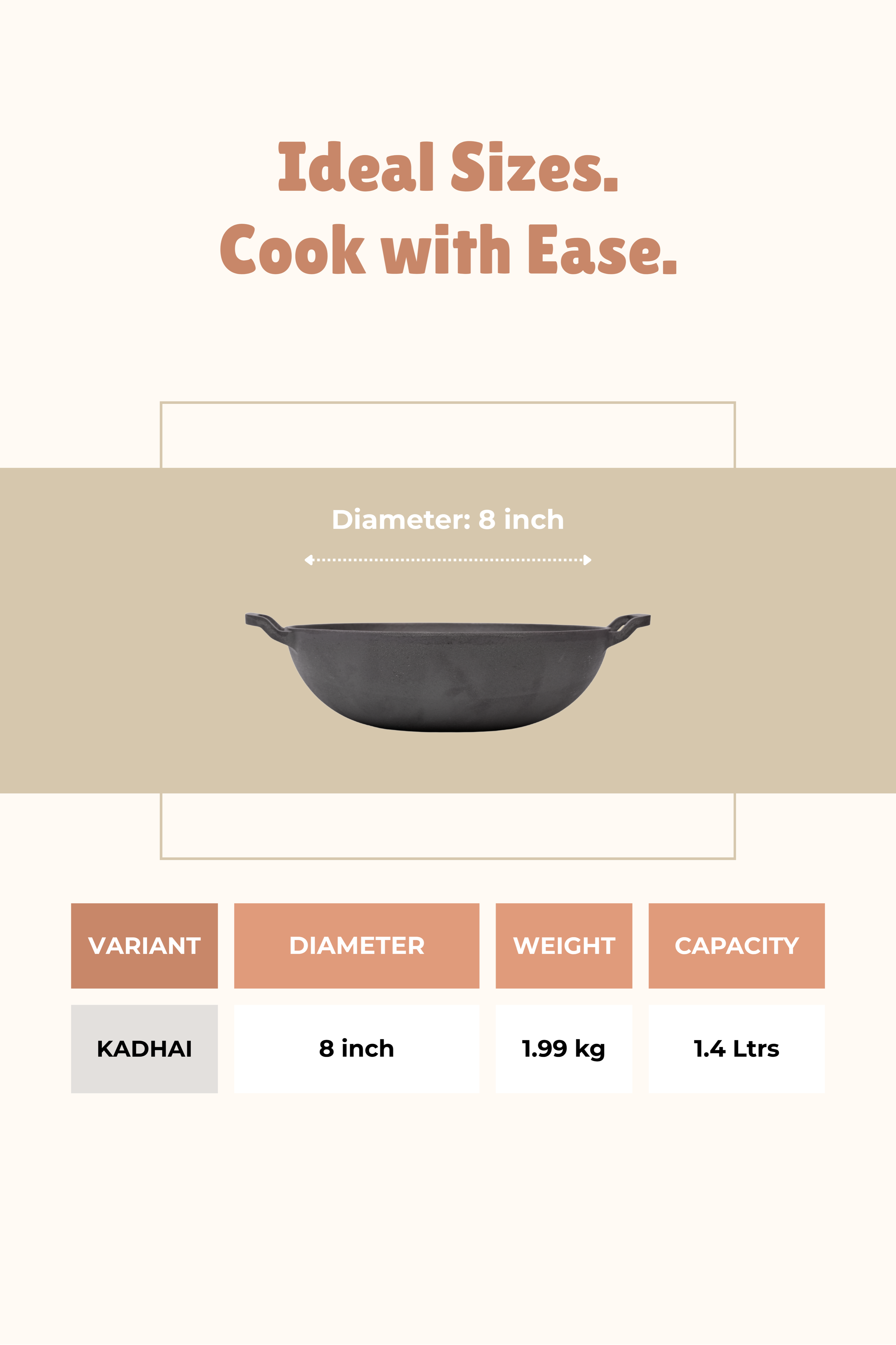 Cast Iron Flat Bottom Kadai 20.5cm / 8 inch (1.4 ltrs), Pre-seasoned, Naturally Nonstick, 100% Pure, Toxin-free, Gas & Induction