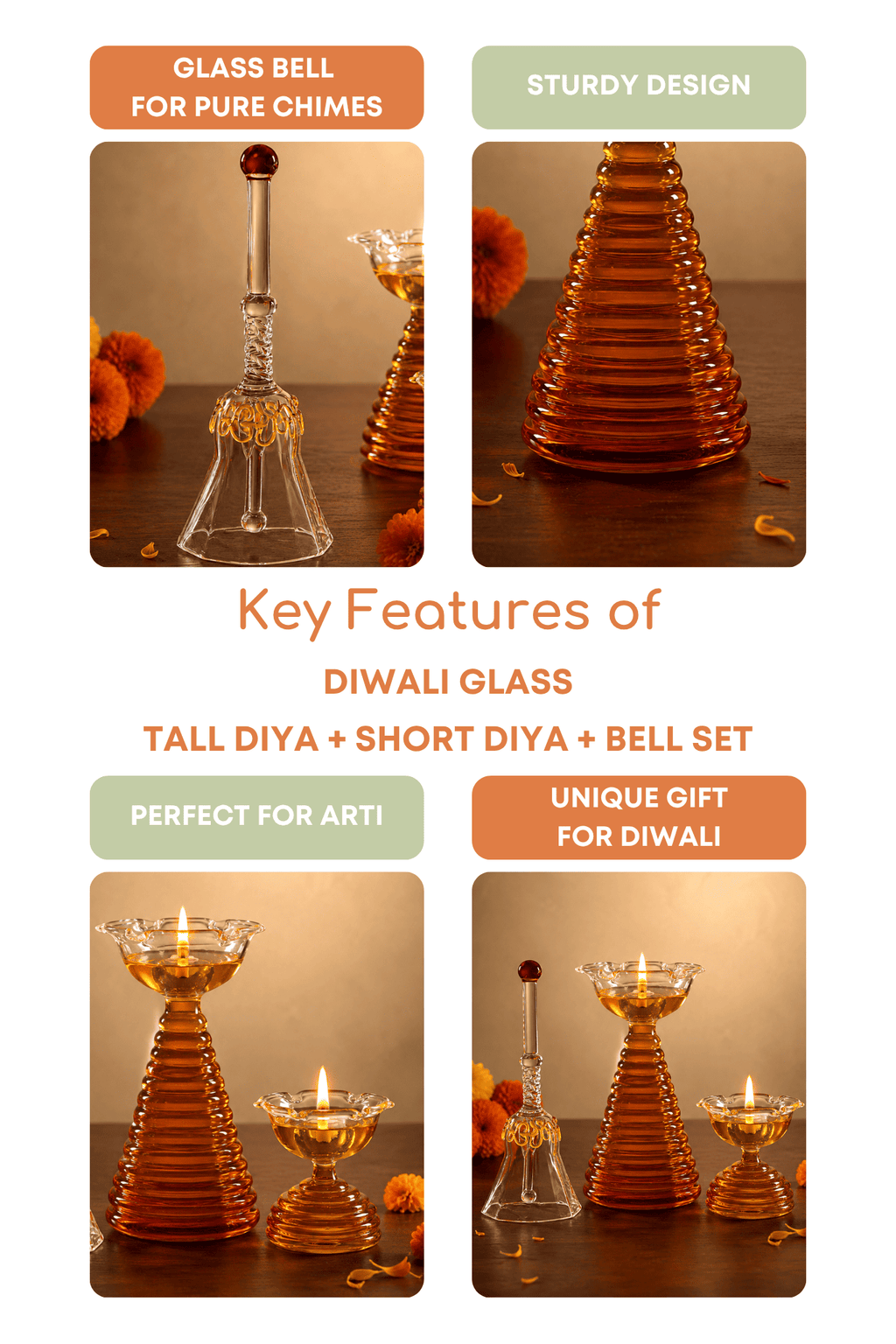 Festive Glass Tall Diya + Short Diya + Bell Set of 3