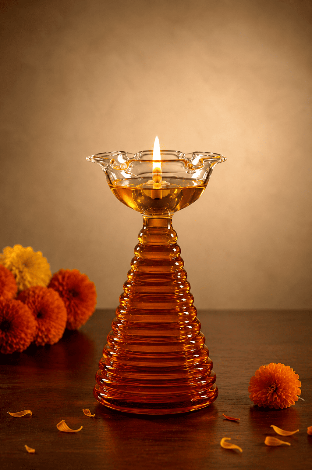 Festive Glass Tall Diya + Short Diya + Bell Set of 3