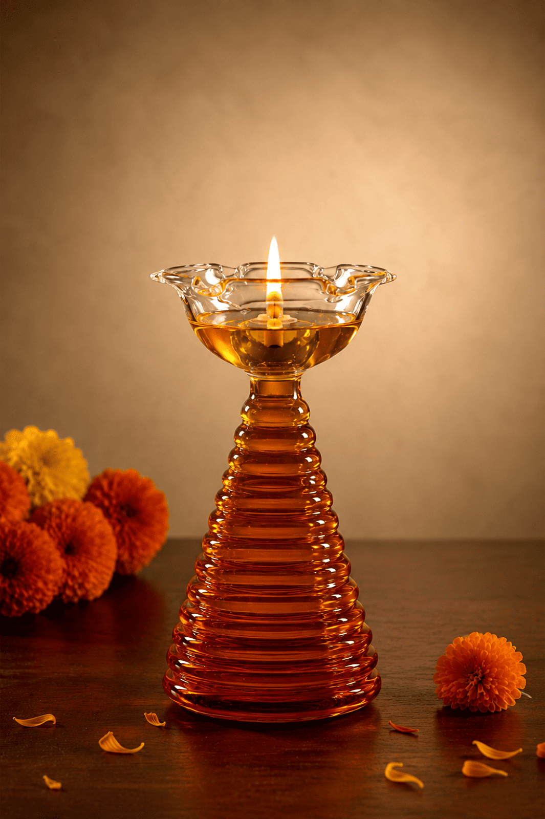 Festive Glass Tall Diya + Short Diya + Bell Set of 3