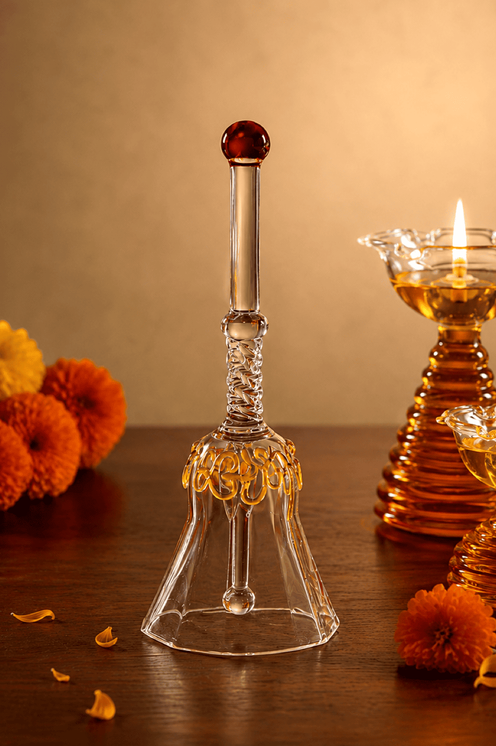 Festive Glass Tall Diya + Short Diya + Bell Set of 3