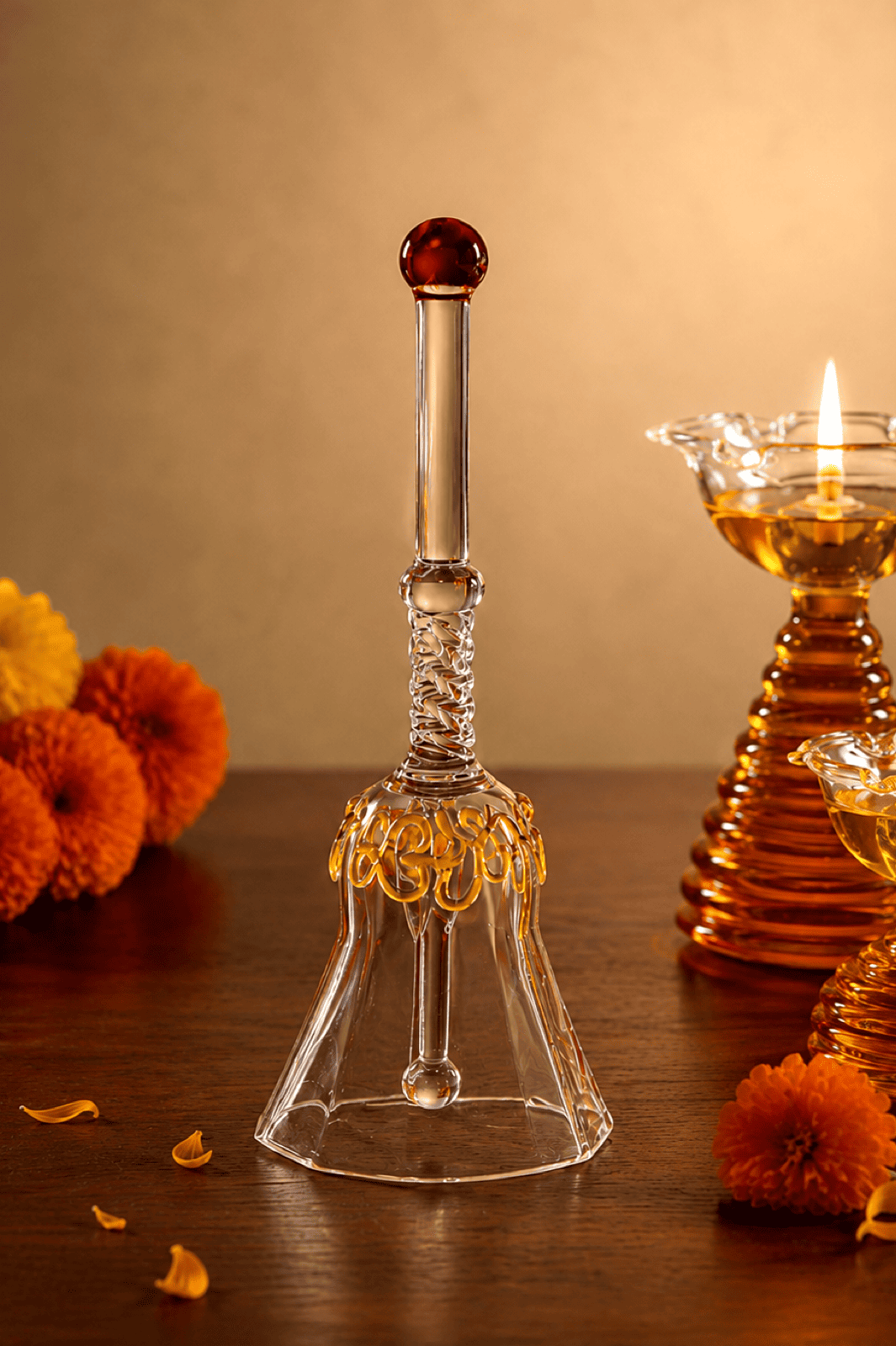 Festive Glass Tall Diya + Short Diya + Bell Set of 3