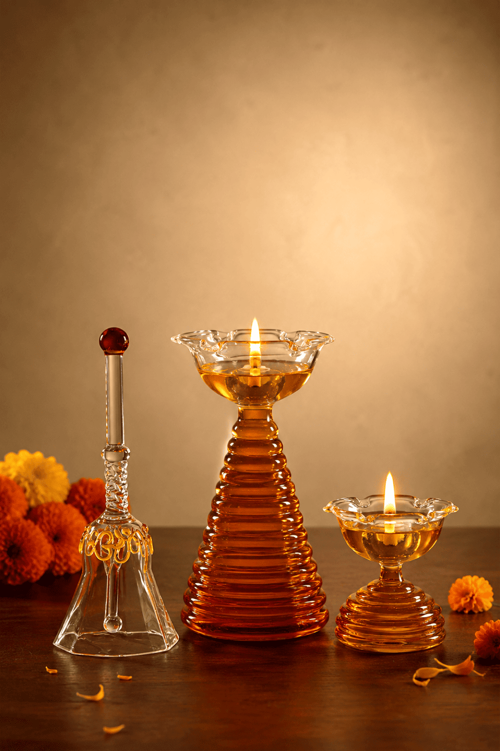 Festive Glass Tall Diya + Short Diya + Bell Set of 3