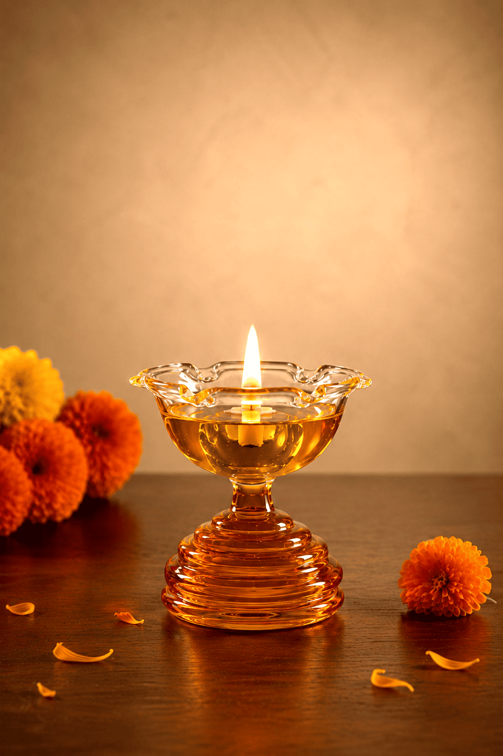 Festive Glass Tall Diya + Short Diya + Bell Set of 3