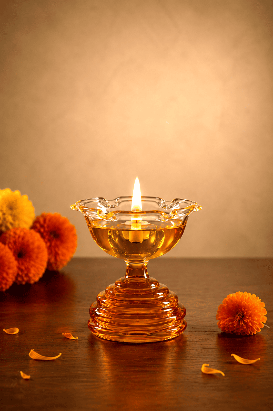 Festive Glass Tall Diya + Short Diya + Bell Set of 3
