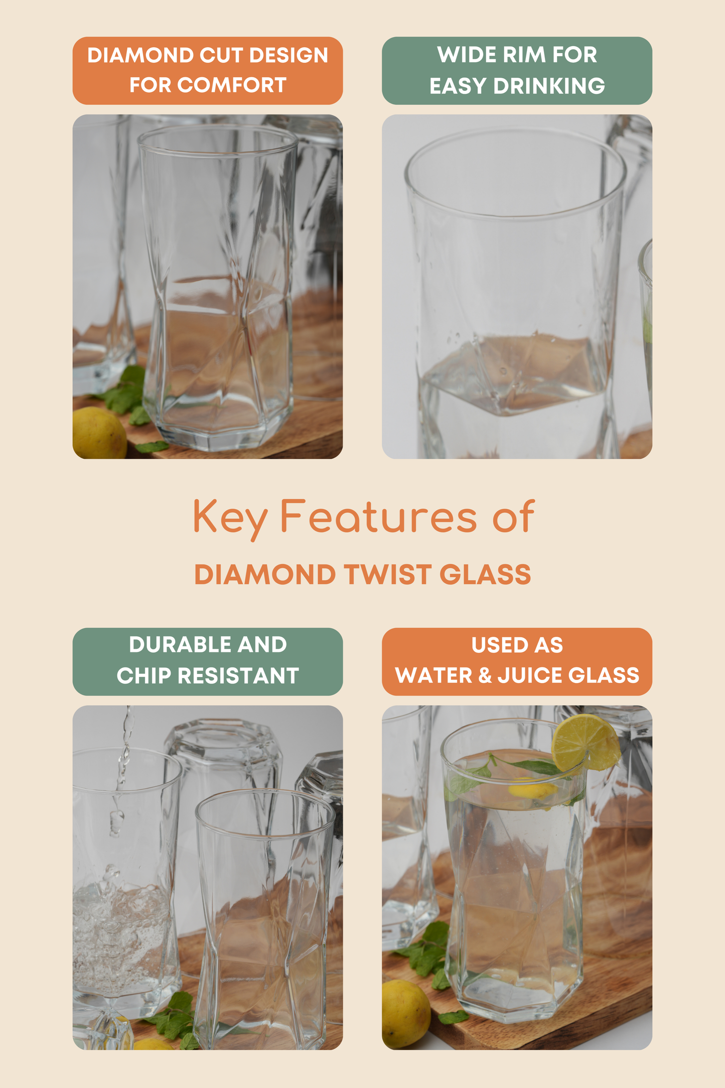 Diamond Twist Glass Set of 6 (440ml)