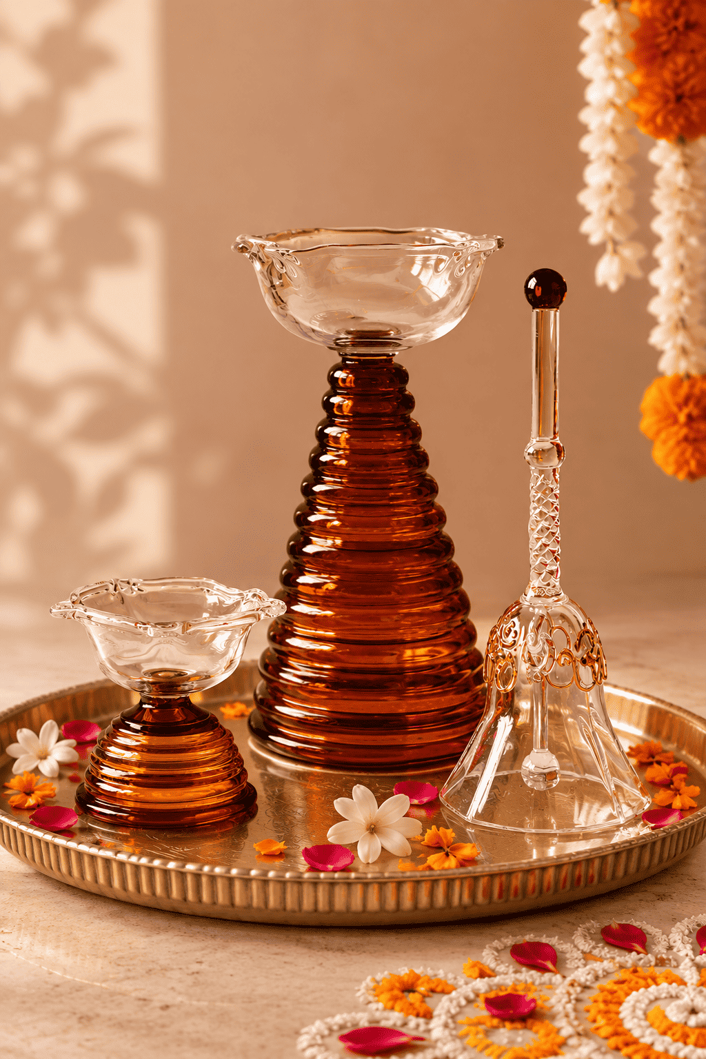 Festive Glass Tall Diya + Short Diya + Bell Set of 3