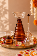Diwali Glass Tall Diya + Short Diya + Bell Set of 3