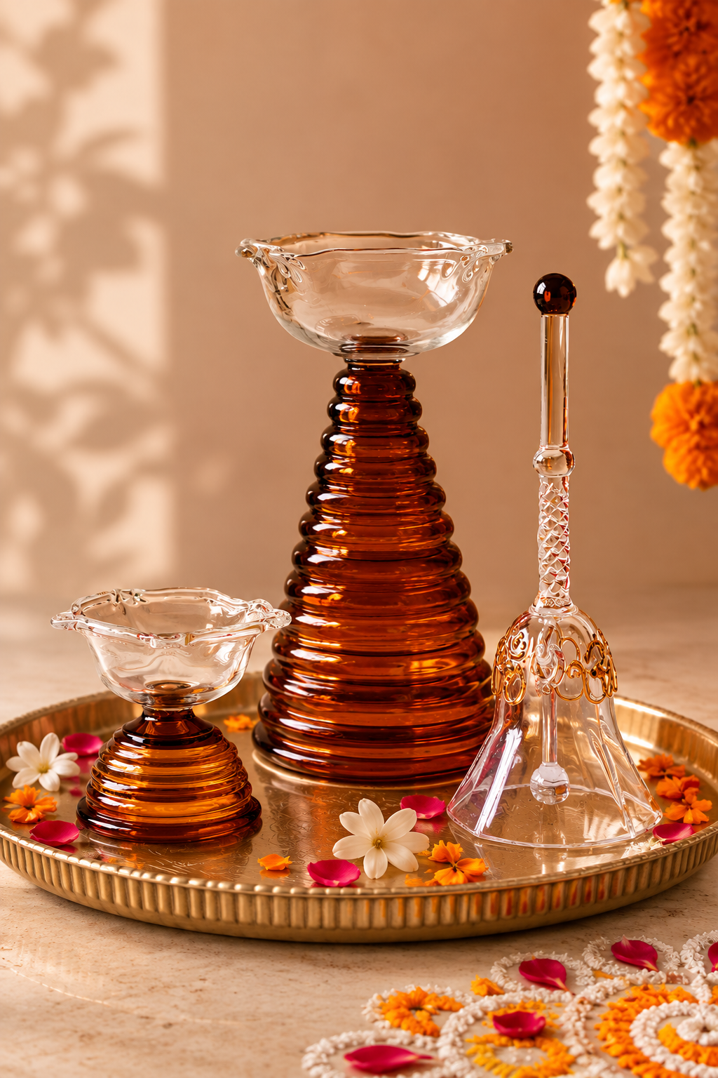 Diwali Glass Tall Diya + Short Diya + Bell Set of 3