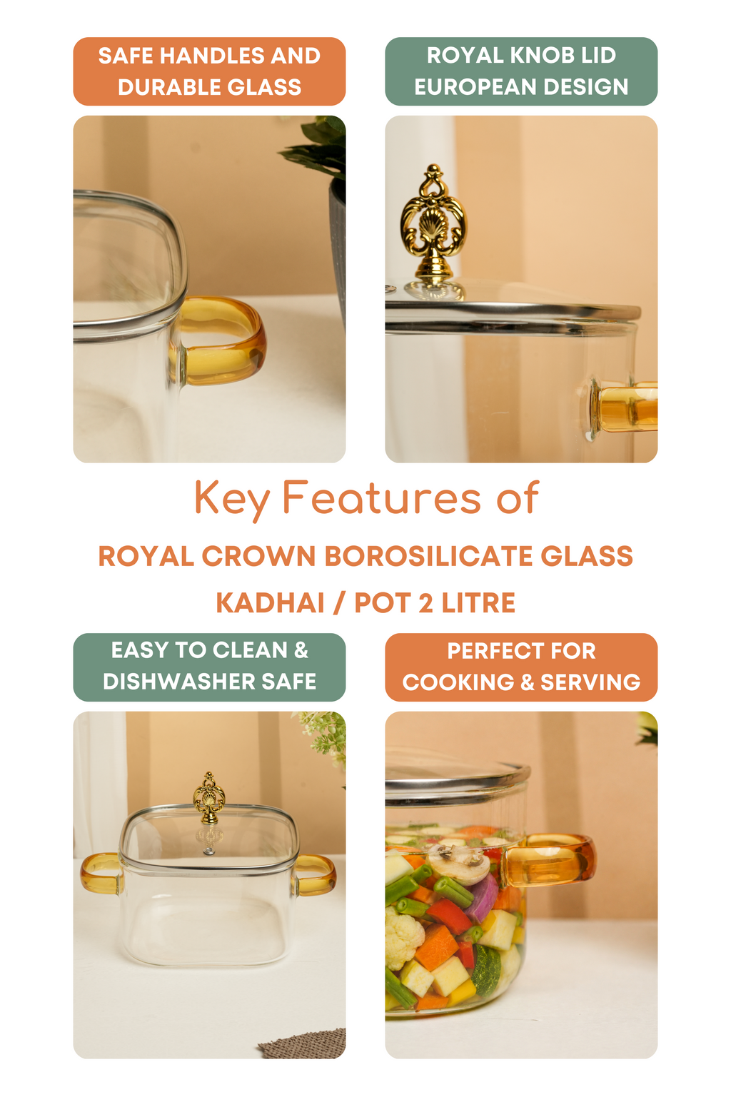 Royal Crown Borosilicate Glass Kadhai / Pot 2 Litre