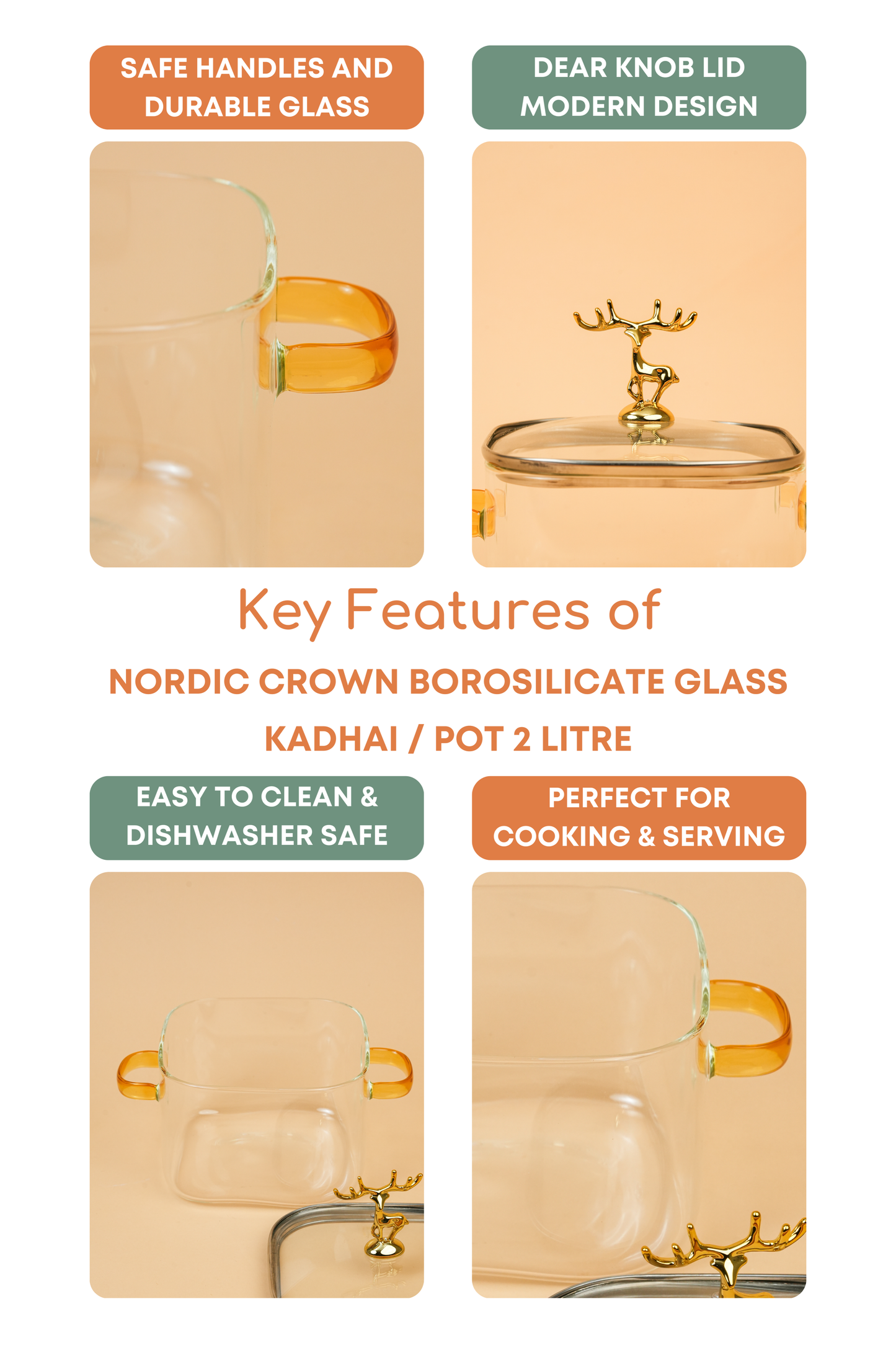 Nordic Crown Borosilicate Glass Kadhai / Pot 2 Litre