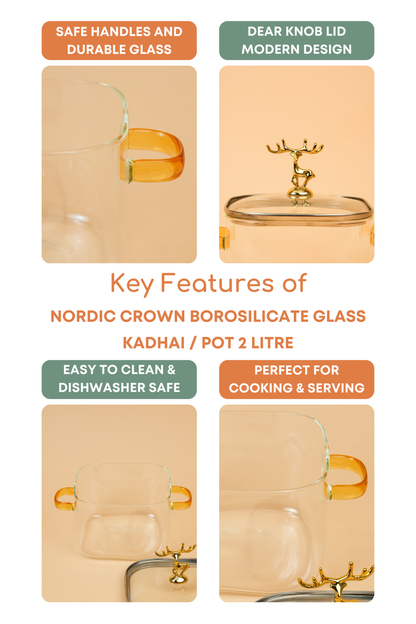 Nordic Crown Borosilicate Glass Kadhai / Pot 2 Litre