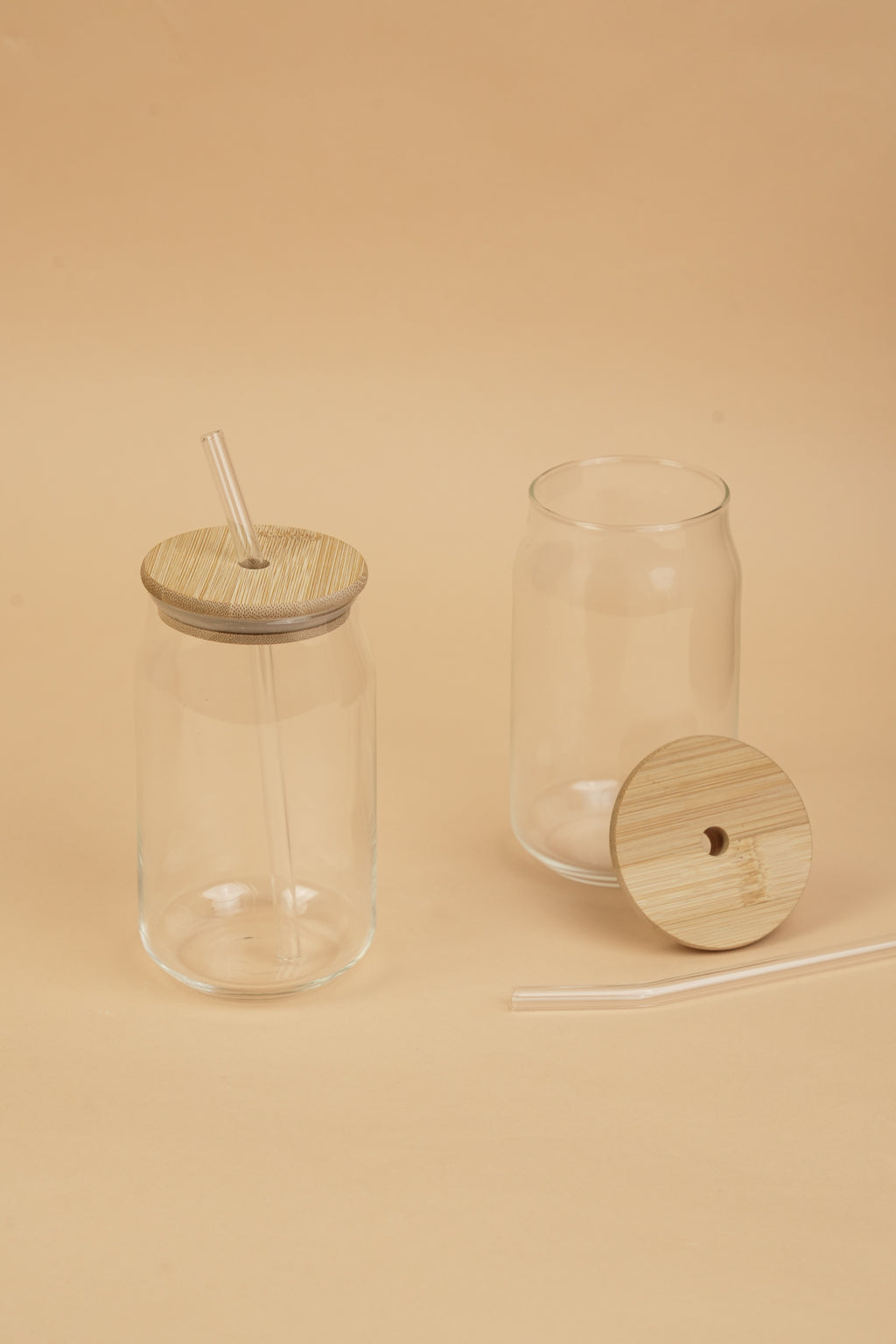 Silken Glass Tumbler with Wooden Lid & Glass Straw Set of 2