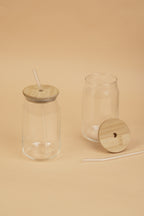 Silken Glass Tumbler with Wooden Lid & Glass Straw Set of 2