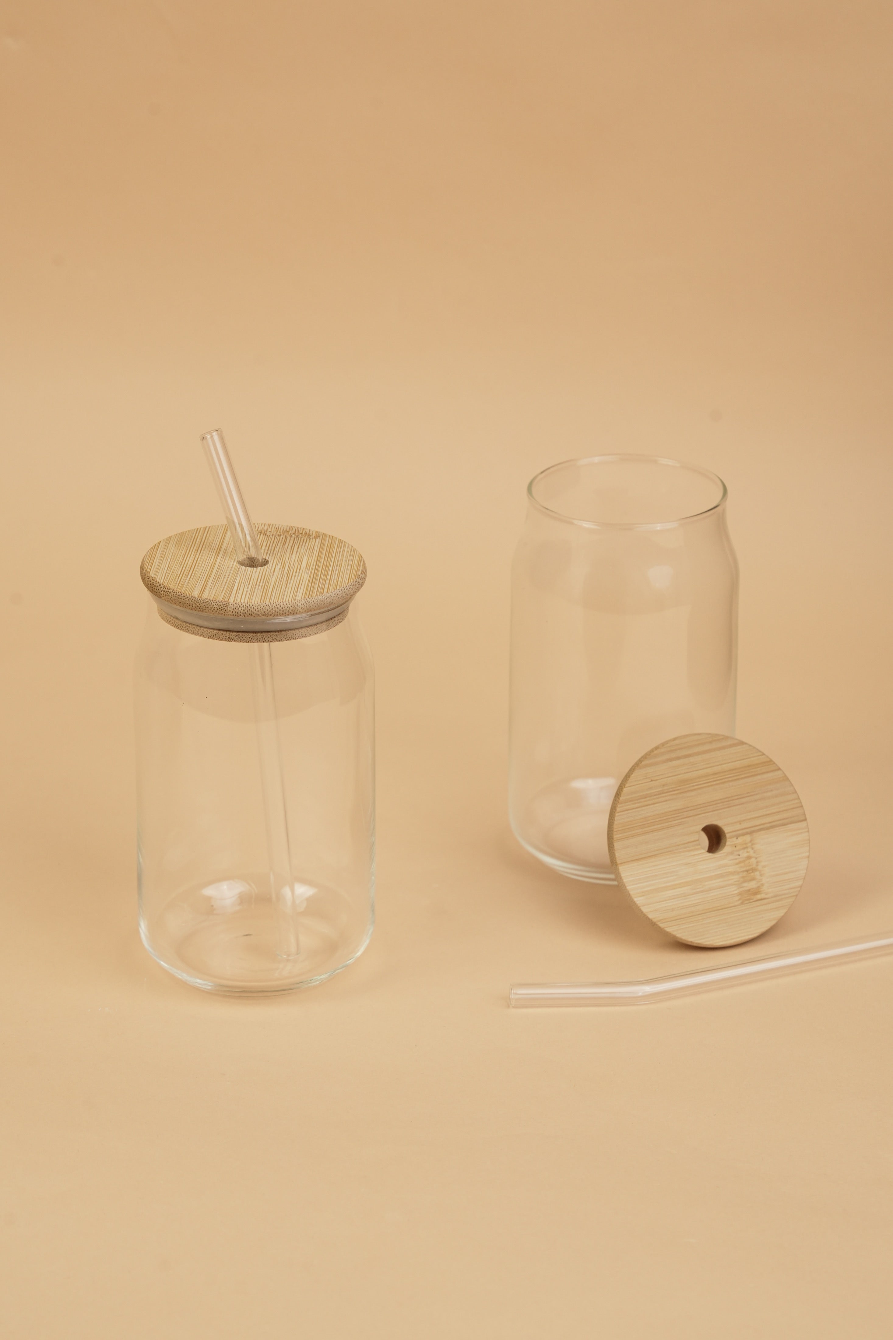 Silken Glass Tumbler with Wooden Lid & Glass Straw Set of 2