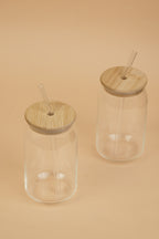 Silken Glass Tumbler with Wooden Lid & Glass Straw Set of 2