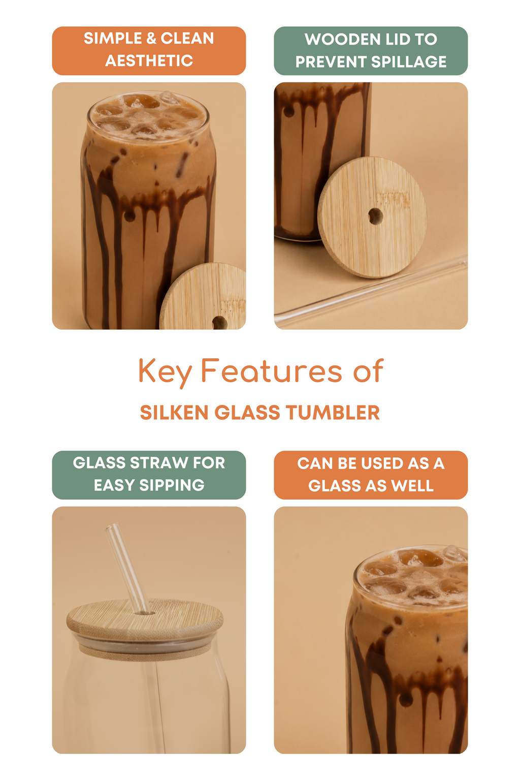 Silken Glass Tumbler with Wooden Lid & Glass Straw Set of 2