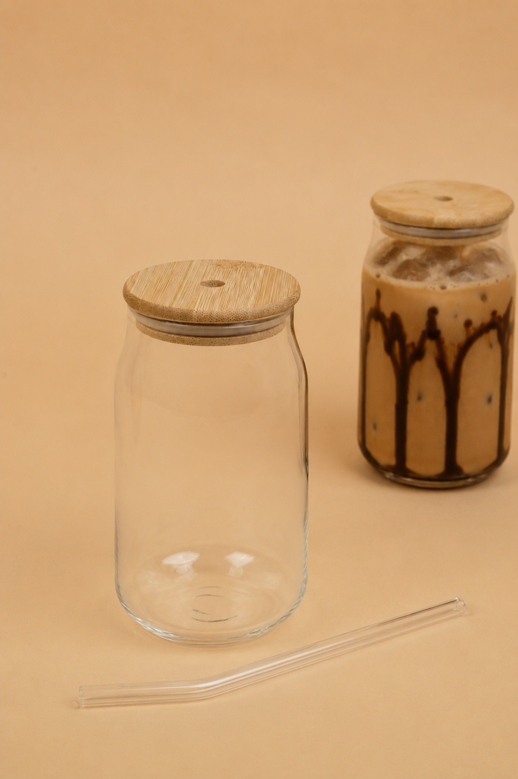 Silken Glass Tumbler with Wooden Lid & Glass Straw Set of 2