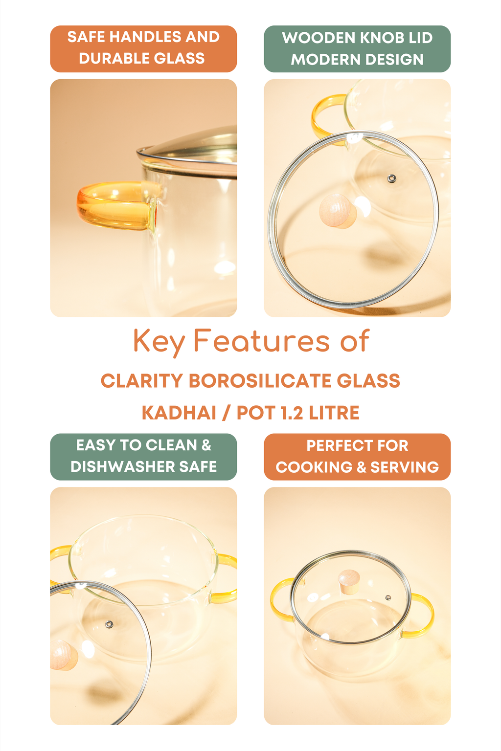 Clarity Borosilicate Glass Kadhai / Pot 1.2 Litre
