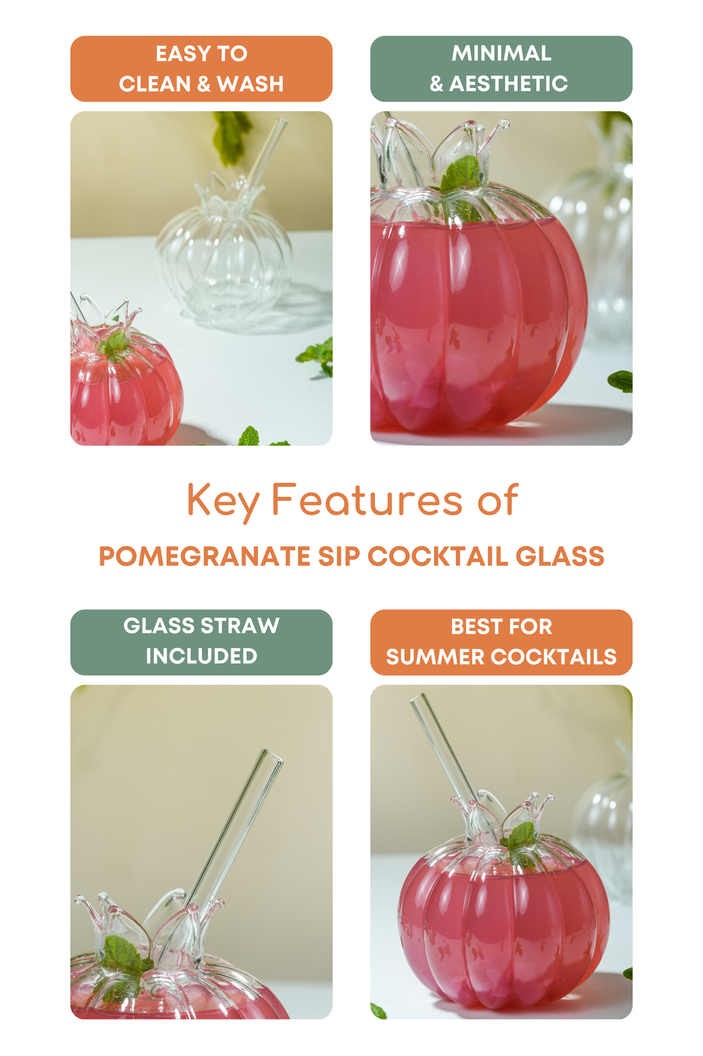 Pomegranate Sip Cocktail Glass with Glass Straw Set of 2 (350ml)