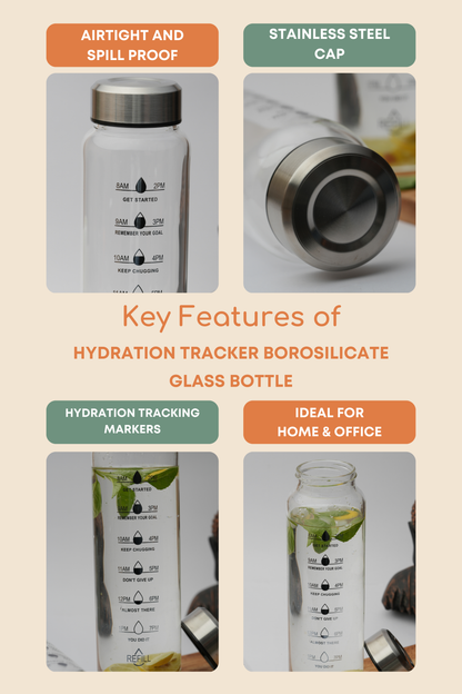 Hydration Tracker Borosilicate Glass Bottle 1 Litre