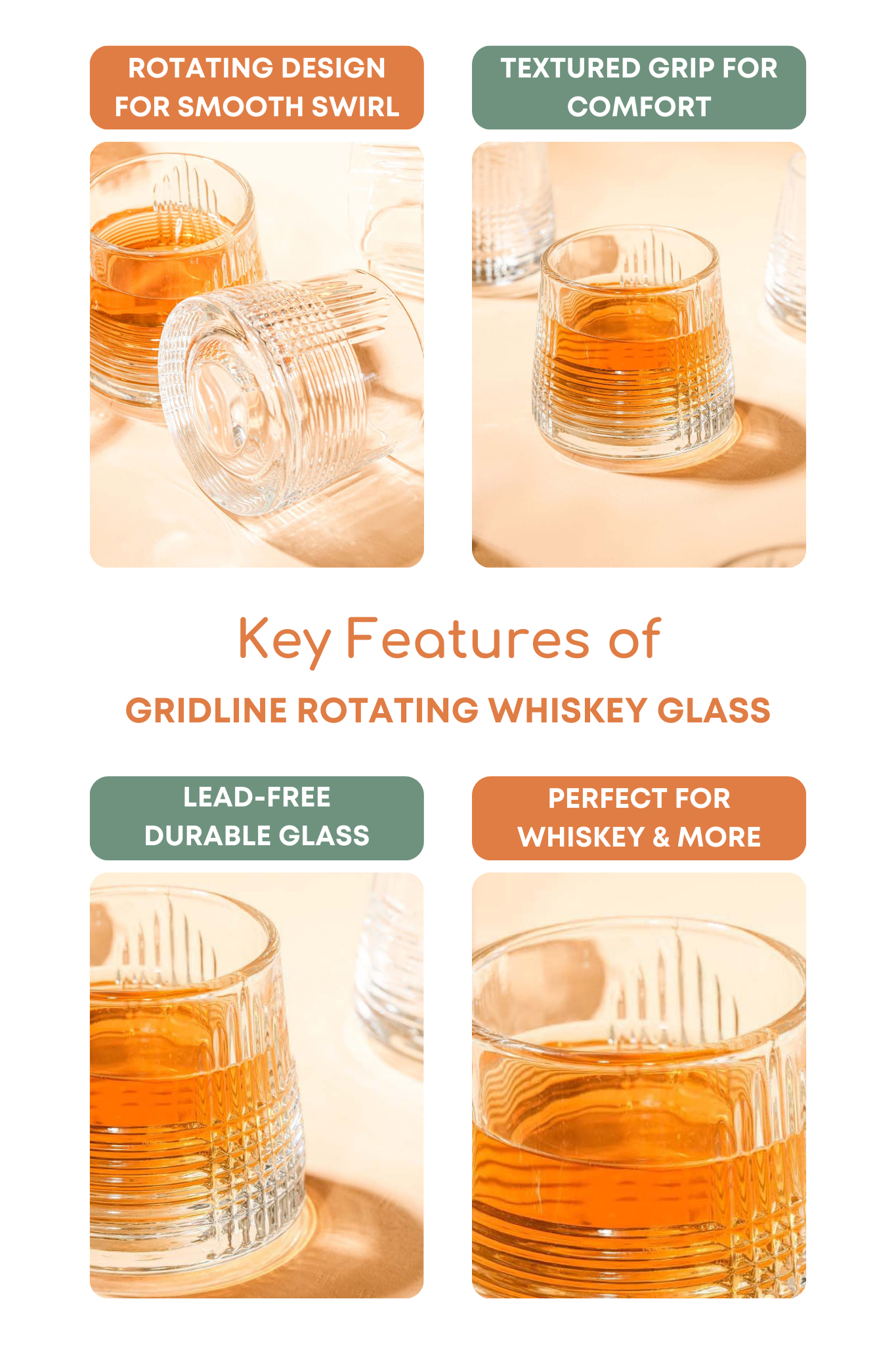Gridline Rotating Whiskey Glass Set of 6 (170ml)