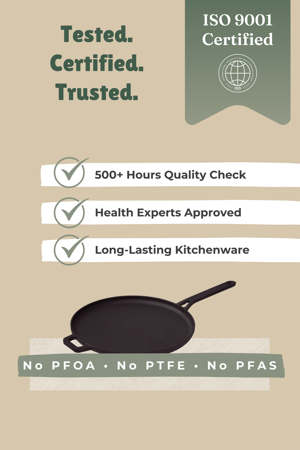 Cast Iron Dosa Tawa With Long Handle 30.5cm / 12 inch, Pre-seasoned, Naturally Nonstick, 100% Pure, Toxin-free, Gas & Induction