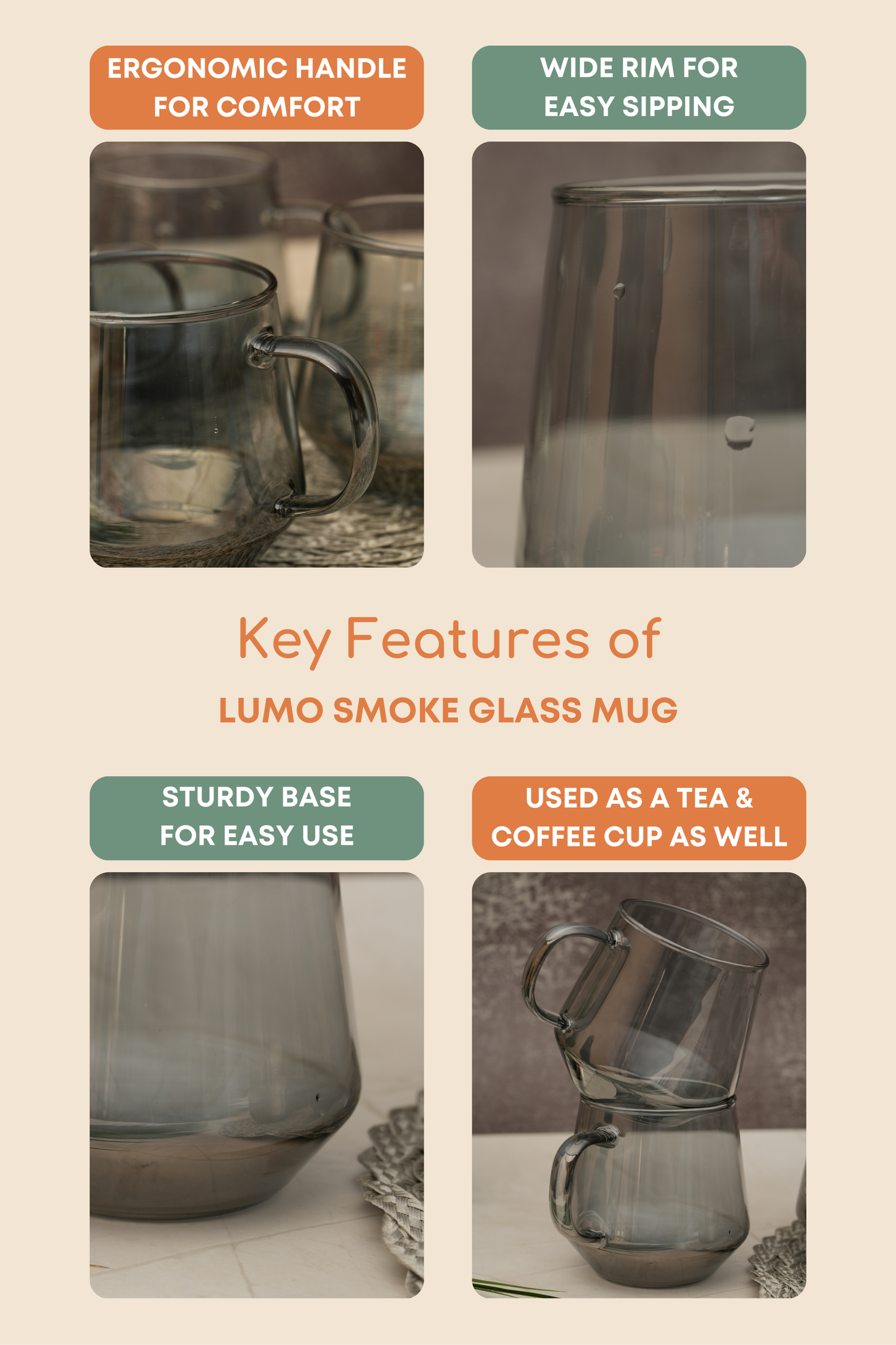 Lumo Smoke Glass Mug Set of 6 (420ml)