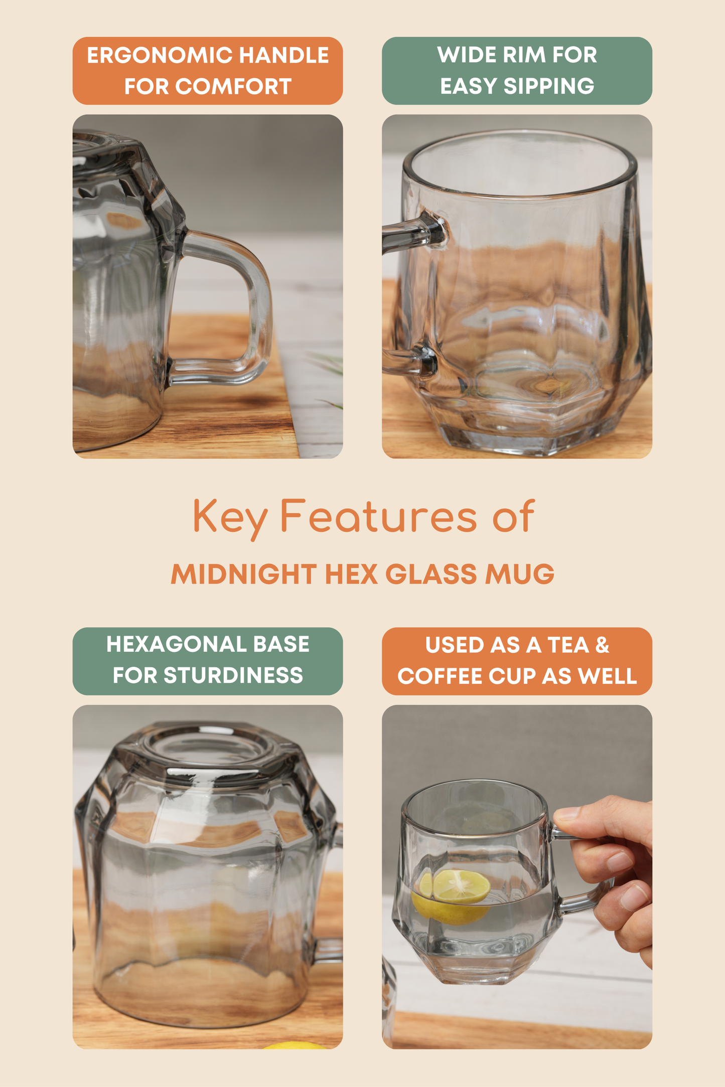 Midnight Hex Glass Mug Set of 6 (280ml)