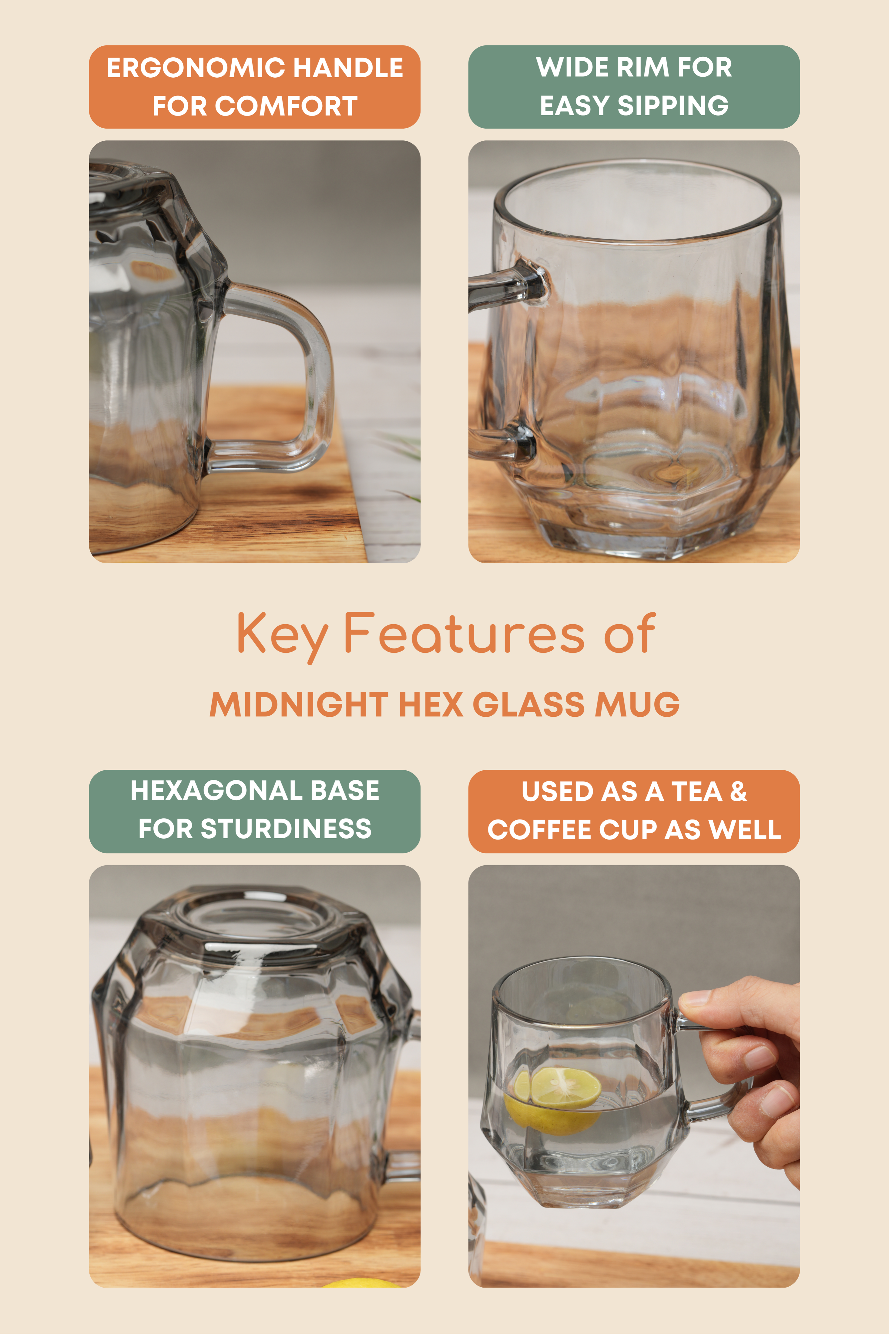 Midnight Hex Glass Mug Set of 6 (280ml)