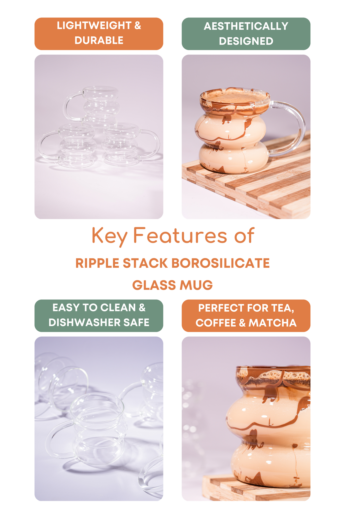 Ripple Stack Borosilicate Glass Mug Set of 4 (350ml)