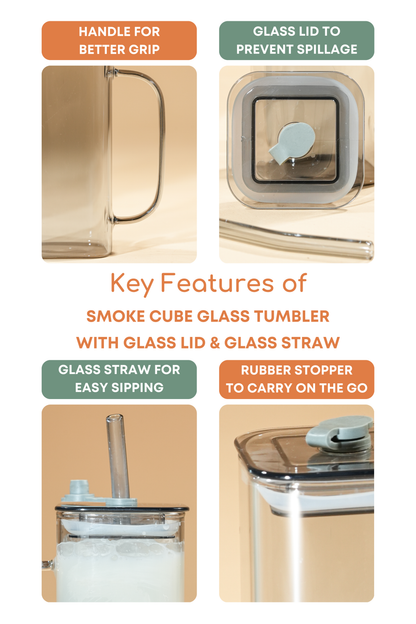 Smoke Cube Glass Tumbler with Glass Lid & Glass Straw Set of 2 (380ml)