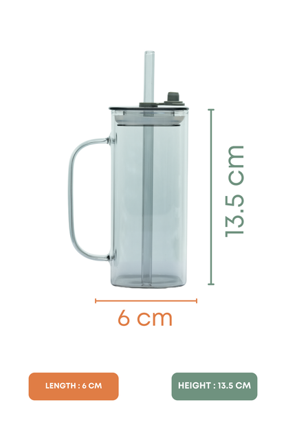 Smoke Cube Glass Tumbler with Glass Lid & Glass Straw Set of 2 (380ml)