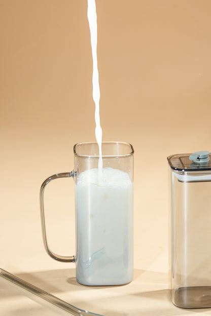 Smoke Cube Glass Tumbler with Glass Lid & Glass Straw Set of 2 (380ml)