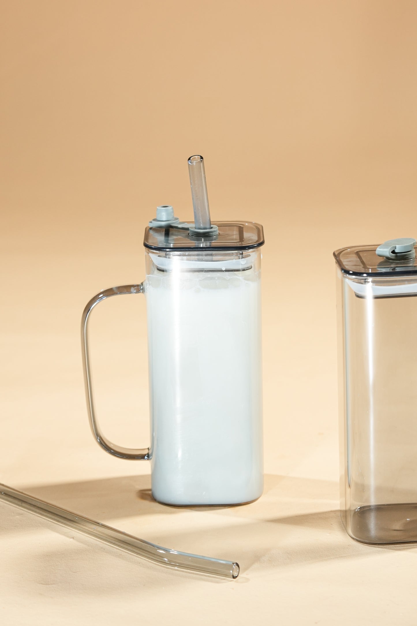 Smoke Cube Glass Tumbler with Glass Lid & Glass Straw Set of 2 (380ml)