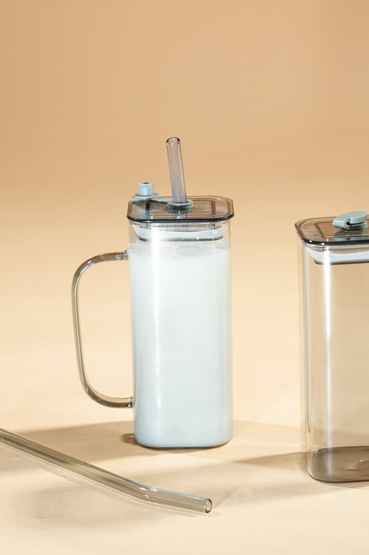 Smoke Cube Glass Tumbler with Glass Lid & Glass Straw Set of 2 (380ml)