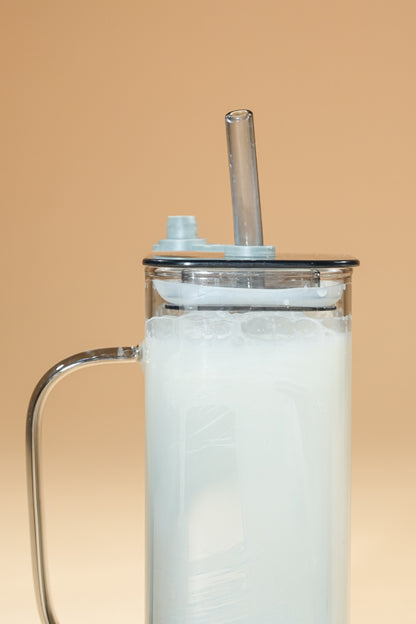 Smoke Cube Glass Tumbler with Glass Lid & Glass Straw Set of 2 (380ml)