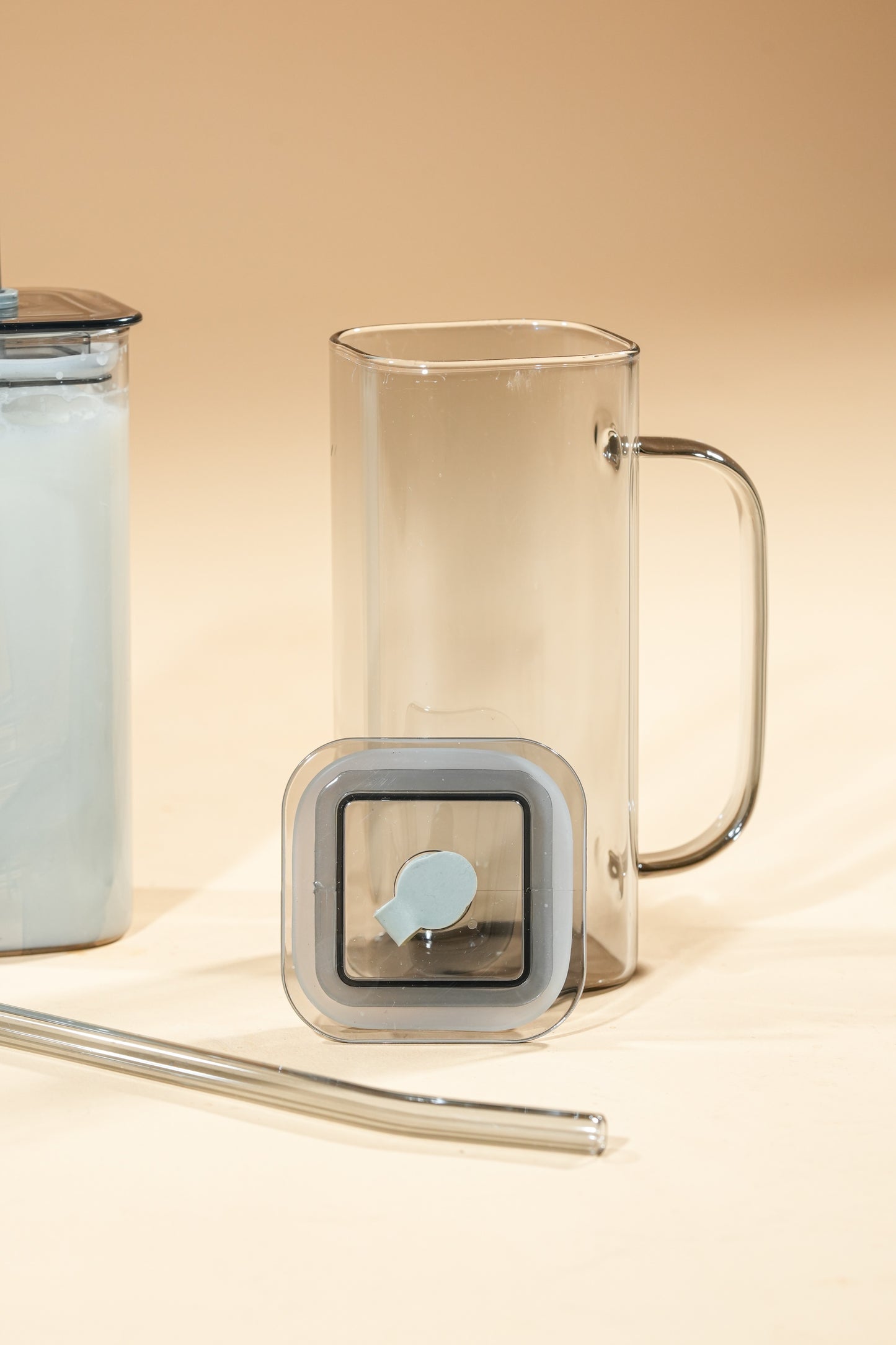 Smoke Cube Glass Tumbler with Glass Lid & Glass Straw Set of 2 (380ml)