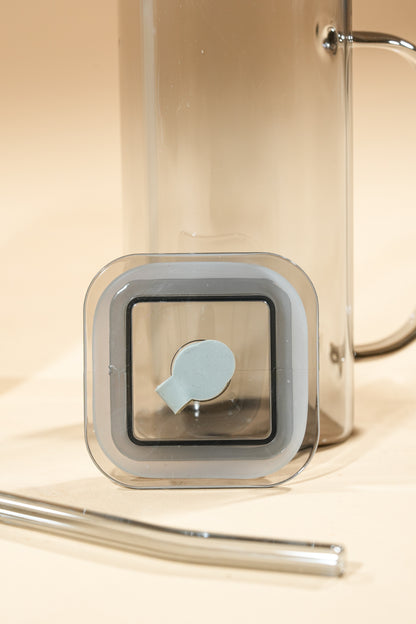 Smoke Cube Glass Tumbler with Glass Lid & Glass Straw Set of 2 (380ml)