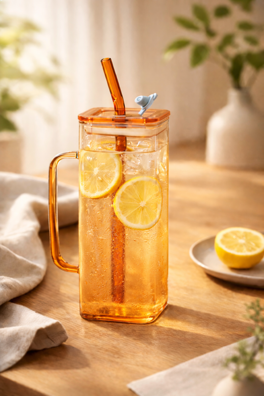 Amber Cube Glass Tumbler with Glass Lid & Glass Straw Set of 2 (380ml)