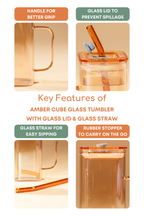 Amber Cube Glass Tumbler with Glass Lid & Glass Straw Set of 2 (380ml)