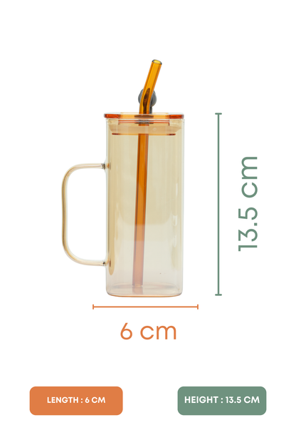 Amber Cube Glass Tumbler with Glass Lid & Glass Straw Set of 2 (380ml)