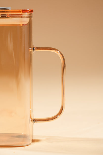 Amber Cube Glass Tumbler with Glass Lid & Glass Straw Set of 2 (380ml)