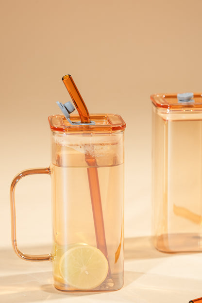 Amber Cube Glass Tumbler with Glass Lid & Glass Straw Set of 2 (380ml)
