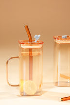 Amber Cube Glass Tumbler with Glass Lid & Glass Straw Set of 2 (380ml)