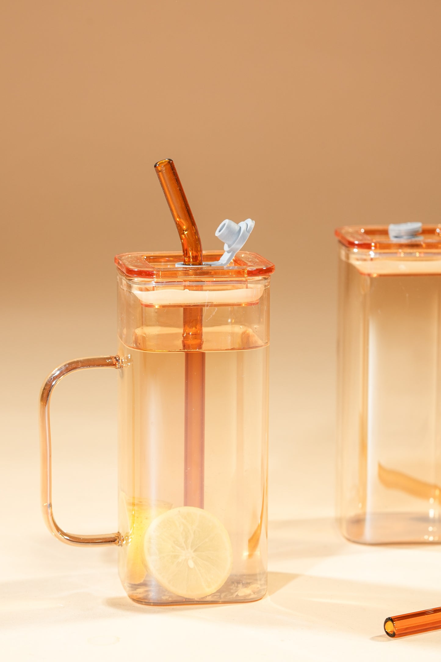 Amber Cube Glass Tumbler with Glass Lid & Glass Straw Set of 2 (380ml)